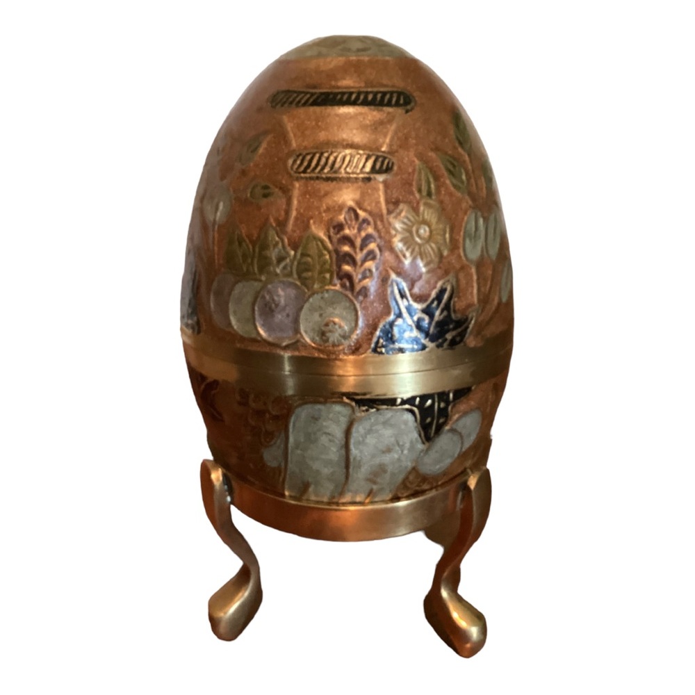 Brass Enamel Coated Lidded Egg On Stand Burnt Orange Floral Black Silver MCM VTG